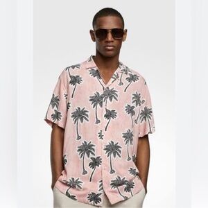 ZARA Mens Pink Palm Tree Relaxed Fit Mens Button Up, Size  Large EUC